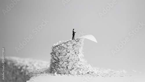 A wave of office paper symbolizes bureaucracy and swallows a businessman. Bureaucracy dismantle - danger concept.