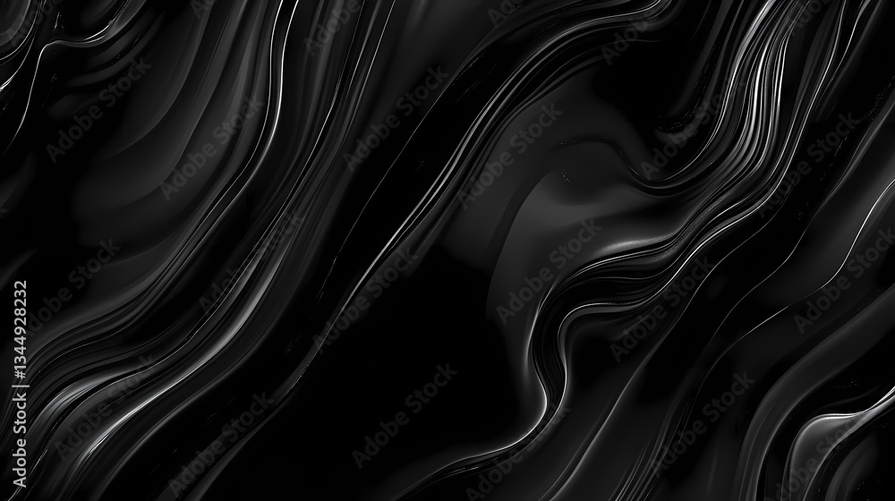 Obraz premium Dark obsidian marble background with swirling silver veins, deep polished volcanic stone texture. Veined Obsidian. Illustration