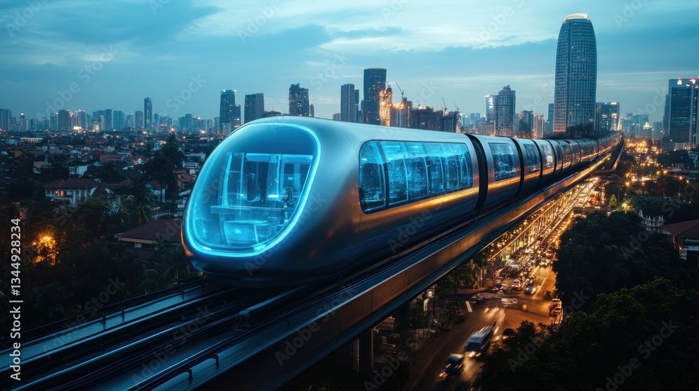 Naklejka premium A futuristic elevated train glides over a vibrant city at twilight