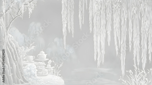 Serene garden tea ceremony by frosted lake