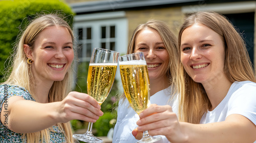 Three women toasting with champagne outdoors, house background; celebratory event