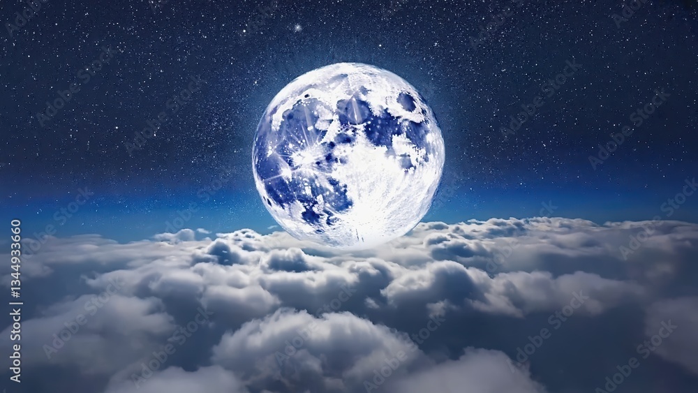 A serene moon above fluffy clouds in a starry night sky. A serene moon above fluffy clouds in a starry night sky.