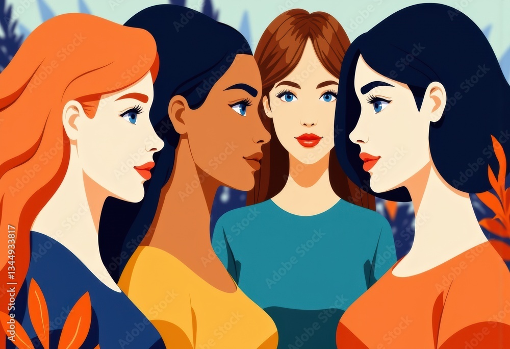 Four diverse women facing each other, showcasing different hairstyles and expressions