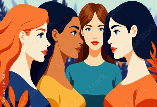 Obraz na płótnie Four diverse women facing each other, showcasing different hairstyles and expressions w salonie
