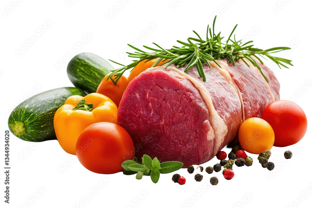 Fresh cut meat accompanied by colorful vegetables and herbs on a transparent background ideal for culinary presentations or recipe design Fresh cut meat accompanied by colorful vegetables and herbs on a transparent background ideal for culinary presentations or recipe design