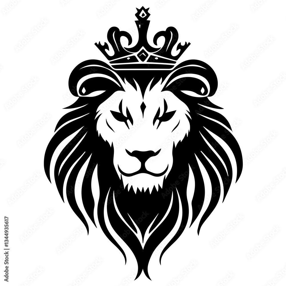 Fototapeta premium Monochrome Graphic of a Crowned Lion Head in Profile