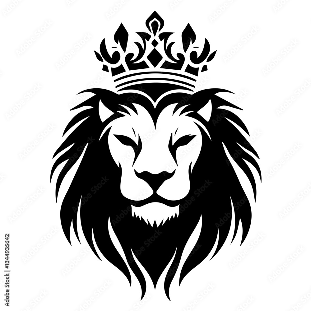 Fototapeta premium Monochrome Graphic of a Crowned Lion Head in Profile