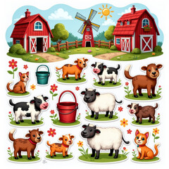 Canvas schilderij Boerderij Colorful farm animals and accessories in a vibrant countryside setting  © starush