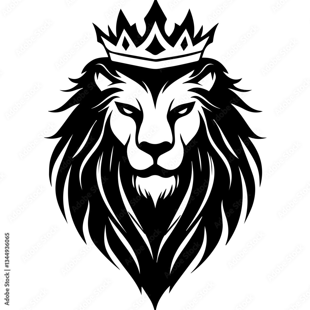 Fototapeta premium Monochrome Graphic of a Crowned Lion Head in Profile