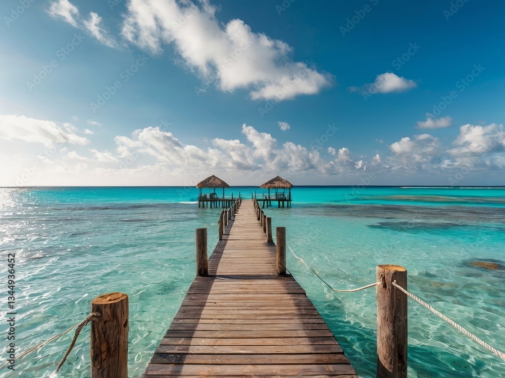 Obraz premium Tropical Beach with Wooden Pier and Palm Tree