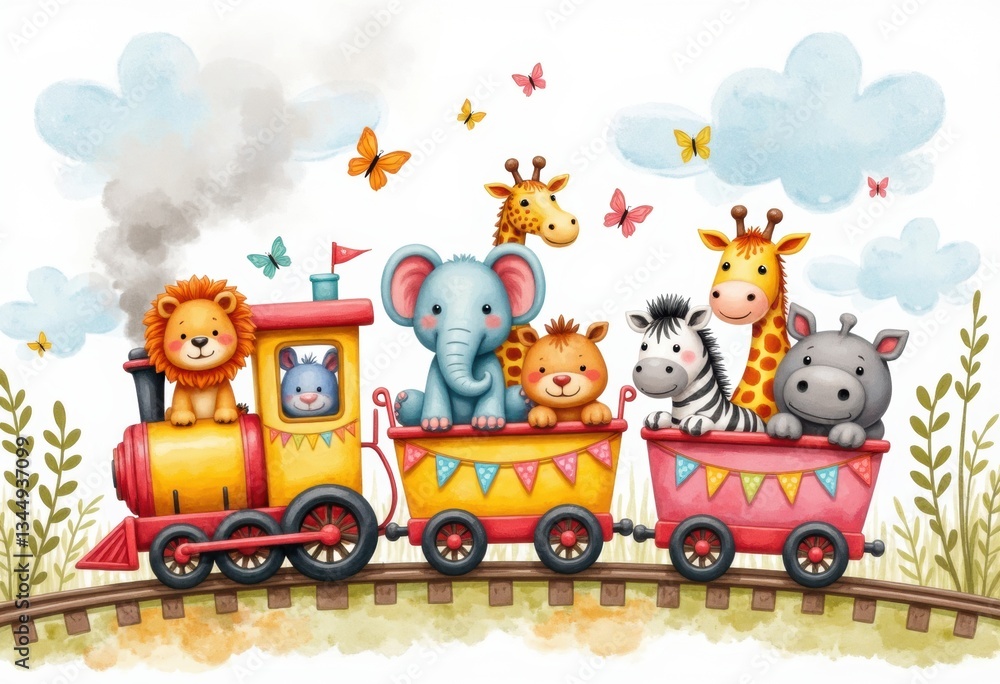 Obraz premium A colorful train filled with cute animals, including a lion, elephant, and giraffes