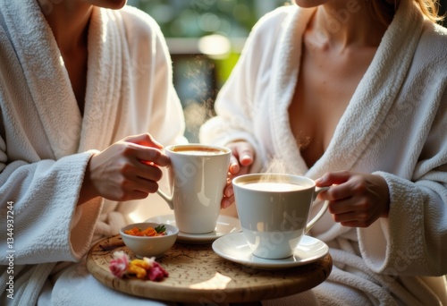 Two women in bathrobes enjoying steaming cups of coffee together