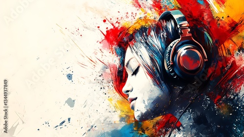 Woman listening to music with colorful background art