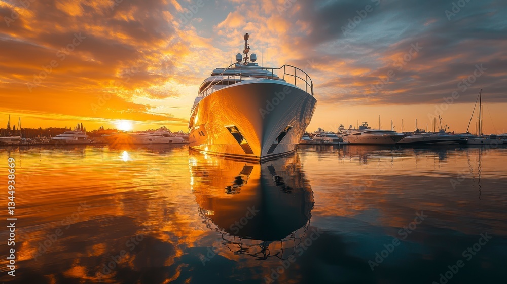 Fototapeta premium Luxury yacht at sunset harbor marina. Beautiful reflection. Possible stock photo use