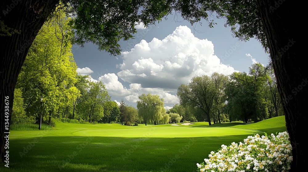 Obraz premium Lush green golf course under a cloudy sky