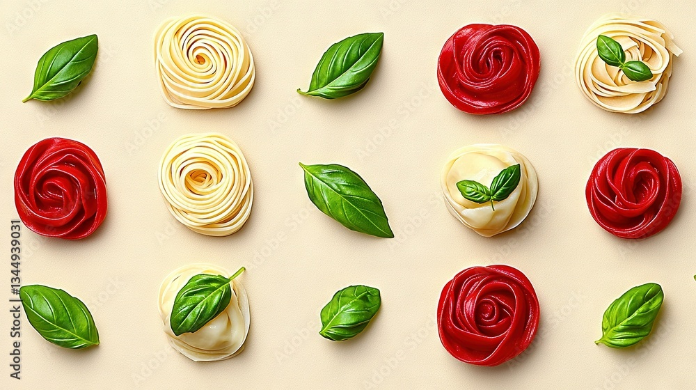 Close-up of various foods with leaf garnish on one piece Close-up of various foods with leaf garnish on one piece