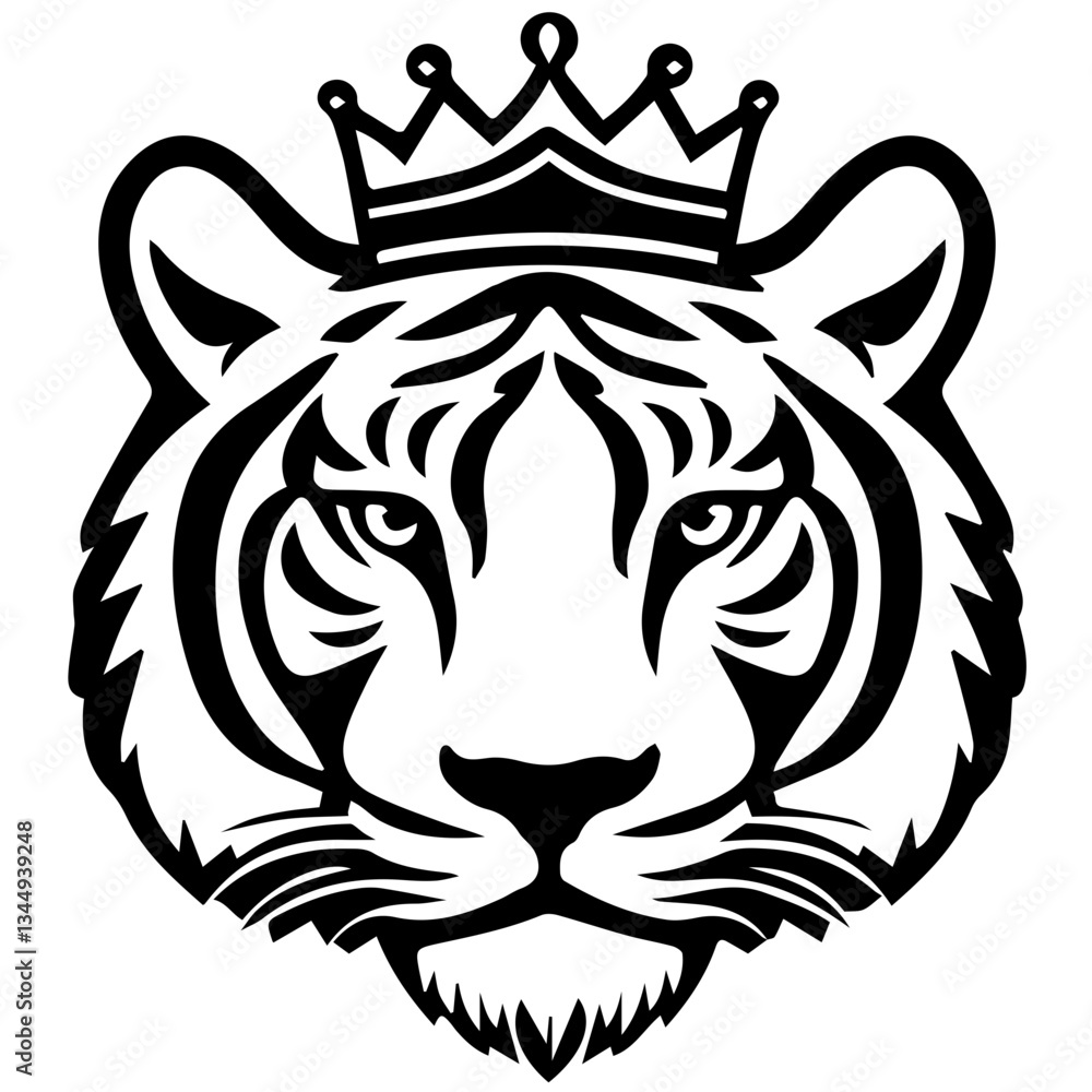 Monochrome Graphic of a Crowned Tiger Head with Detailed Stripes Monochrome Graphic of a Crowned Tiger Head with Detailed Stripes