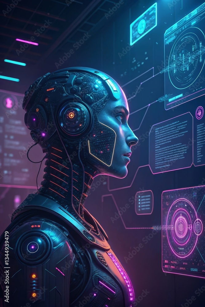 Fototapeta premium Cybernetic android head with holographic interfaces in a futuristic environment during a virtual interaction
