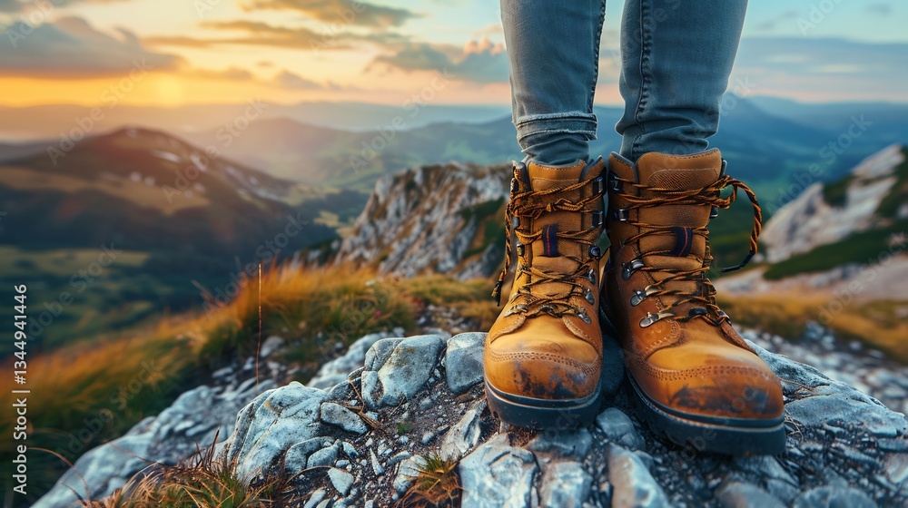 Hiking boots a mountain trail wide open sky with ample copy space Hiking boots a mountain trail wide open sky with ample copy space