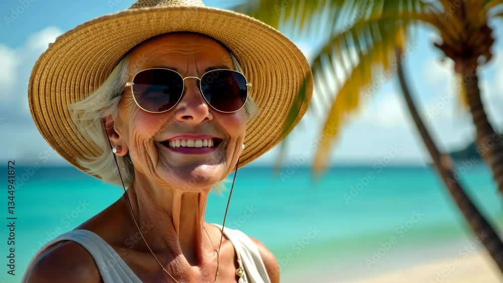 A smiling senior woman wearing a hat and sunglasses enjoys a tropical beach vacation. Concept of: Ageless vacation. A smiling senior woman wearing a hat and sunglasses enjoys a tropical beach vacation. Concept of: Ageless vacation.