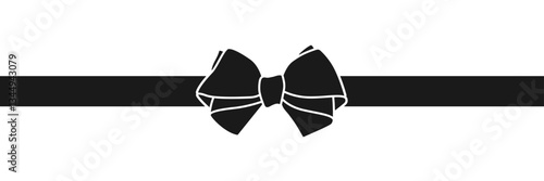 Minimalistic black decorative laconic bow with horizontal ribbon, hand drawn element, negative space, silhouette on transparent background for gift, present, birthday, wedding. Flat vector EPS10	