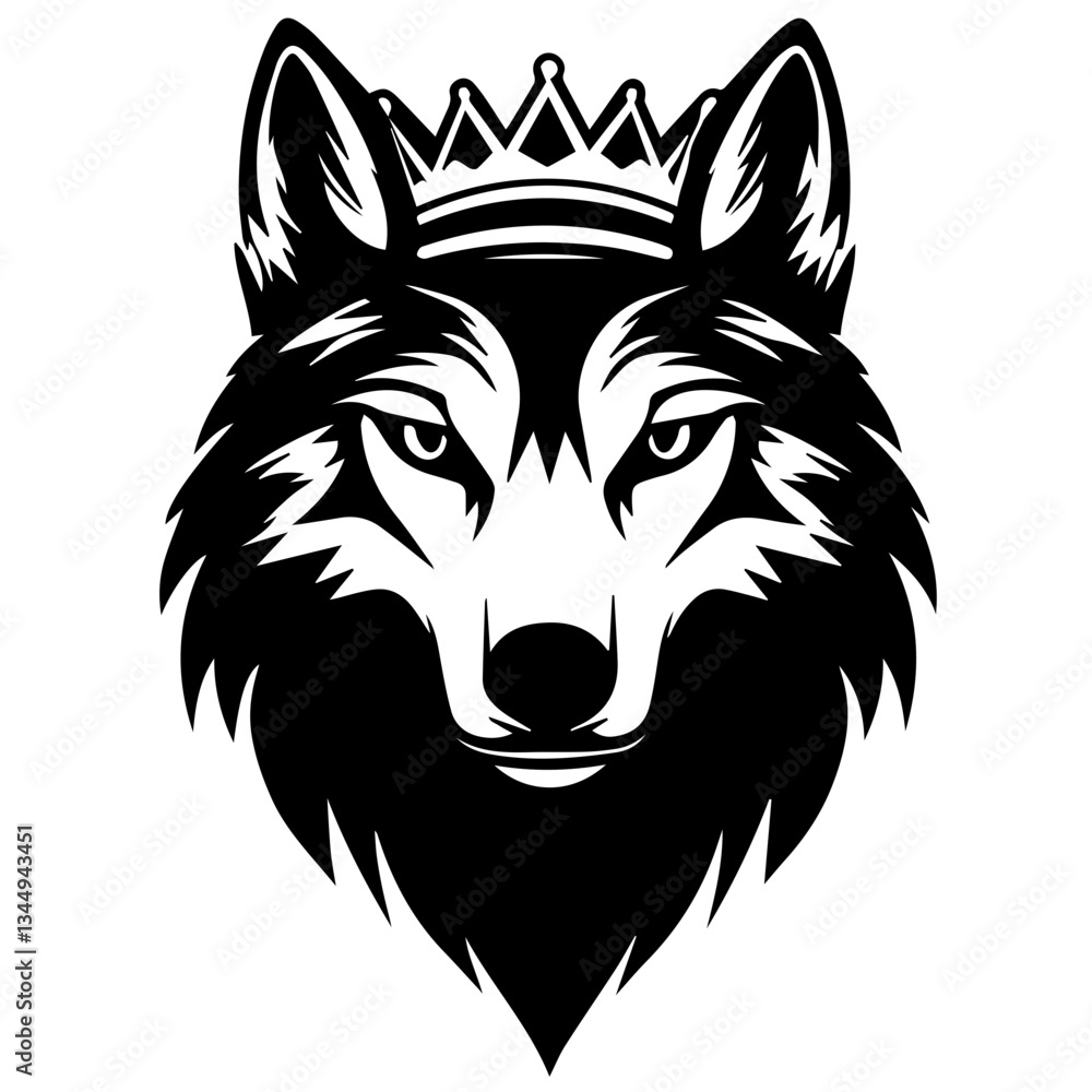 Naklejka premium Monochrome Graphic of a Crowned Wolf Head