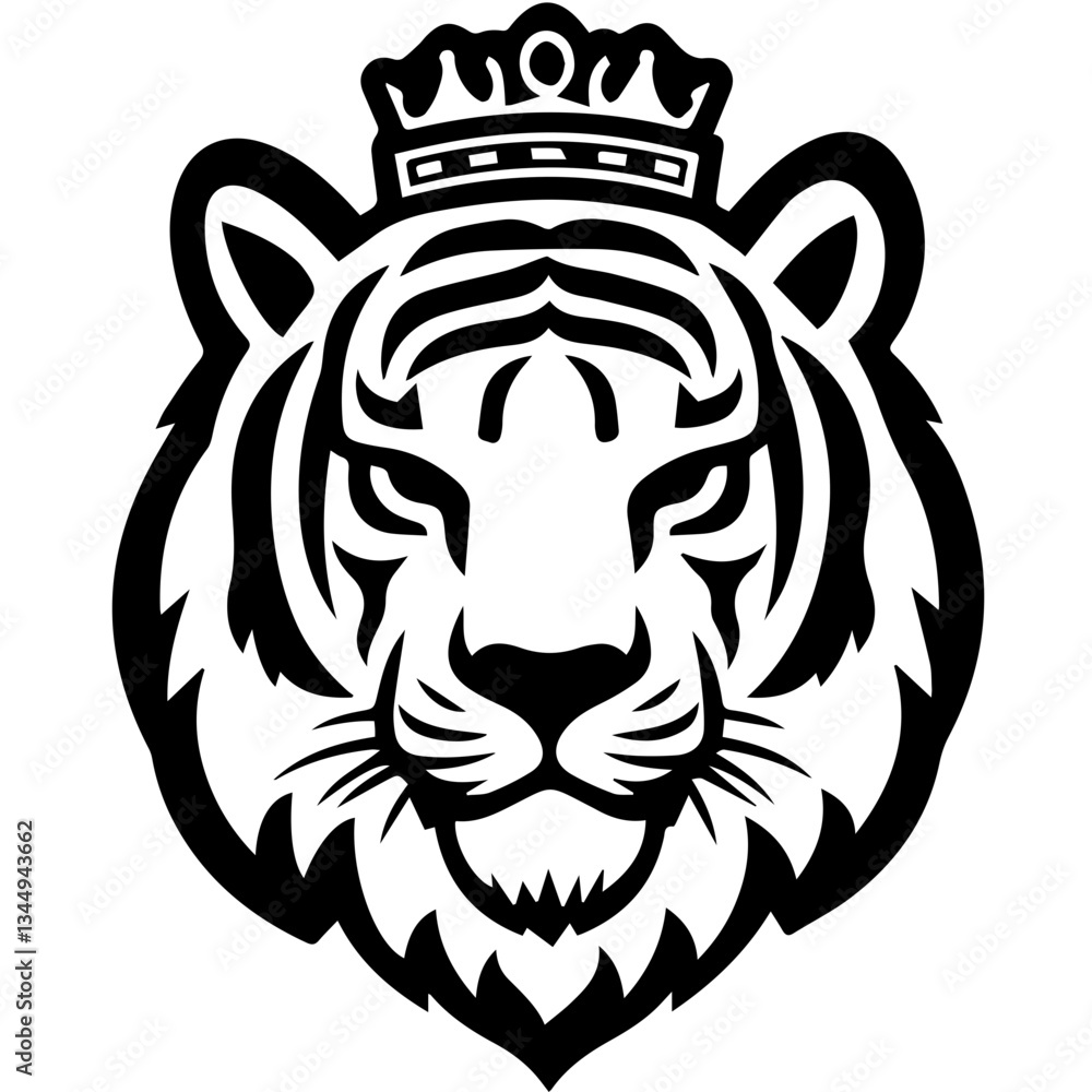 Monochrome Graphic of a Crowned Tiger Head with Detailed Stripes Monochrome Graphic of a Crowned Tiger Head with Detailed Stripes