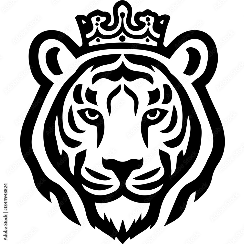 Monochrome Graphic of a Crowned Tiger Head with Detailed Stripes Monochrome Graphic of a Crowned Tiger Head with Detailed Stripes