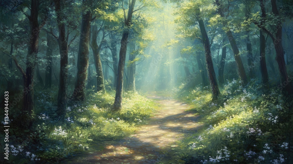 Naklejka premium Serene Sunlit Pathway in Lush Green Forest Surrounded by Wildflowers and Gentle Sunbeams Streaming Through Trees