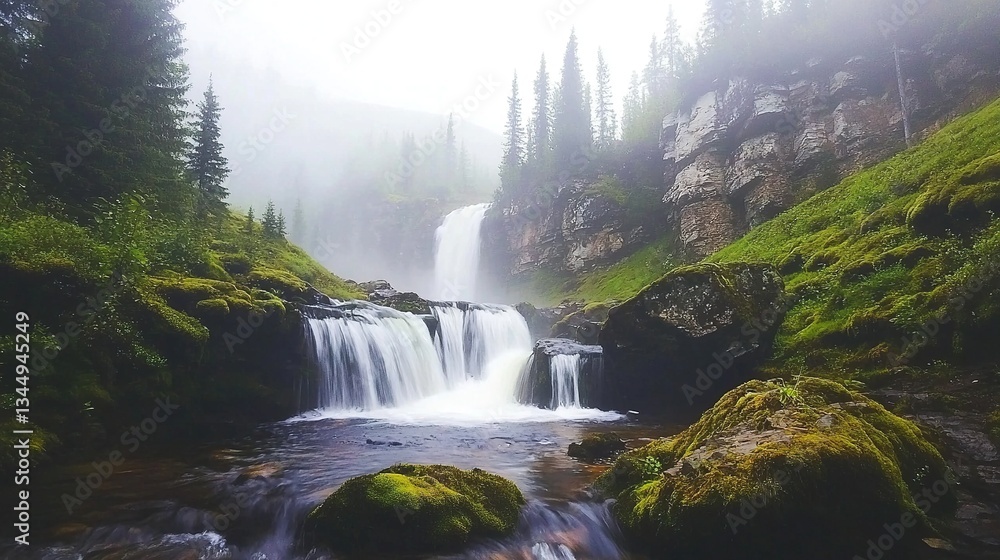 Misty Waterfall in Forest Misty Waterfall in Forest