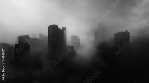 Obraz na płótnie A monochrome shot shows buildings shrouded in dense, ominous fog. Perfect for conveying mystery, isolation, or dark urban landscapes. w salonie