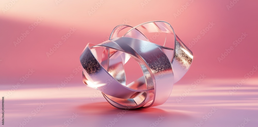 A swirling abstract metallic sculpture rests on pink pastel background A swirling abstract metallic sculpture rests on pink pastel background