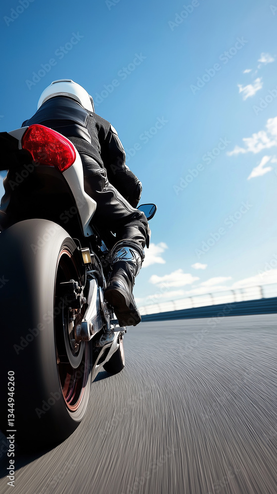 Obraz premium A man is riding a motorcycle on a road. The sky is blue and there are clouds in the background