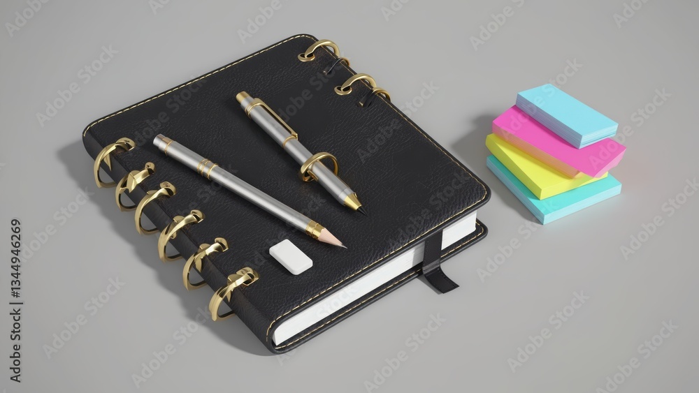 A stylish black notebook with pens and sticky notes arranged neatly. A stylish black notebook with pens and sticky notes arranged neatly.