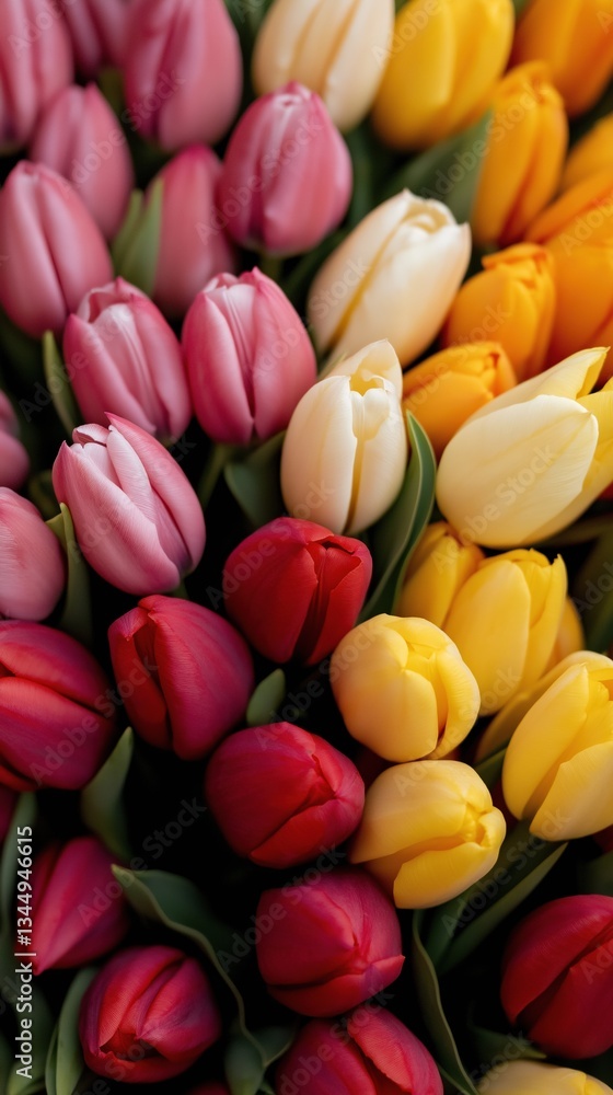 Fototapeta premium A bouquet of flowers with red, yellow, and pink tulips. The flowers are arranged in a way that creates a sense of harmony and balance. The colors of the flowers are vibrant and eye-catching
