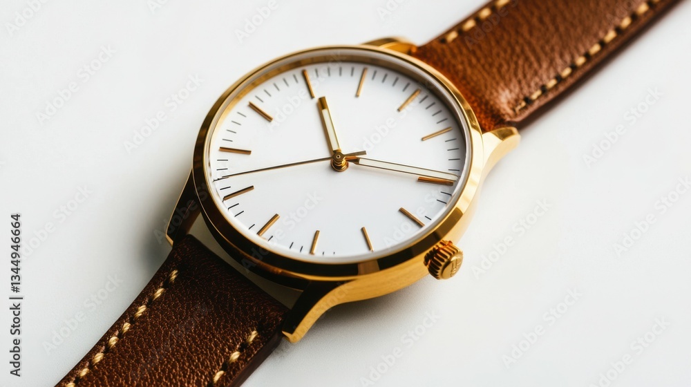 Elegant gold watch with brown leather strap on white background Elegant gold watch with brown leather strap on white background