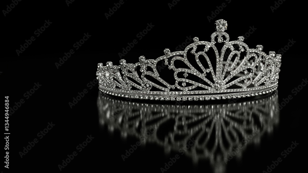 Silver tiara adorned with diamonds Reflected on dark surface, symbolizing elegance and luxury Ideal for beauty, fashion, and prestigious events Silver tiara adorned with diamonds Reflected on dark surface, symbolizing elegance and luxury Ideal for beauty, fashion, and prestigious events