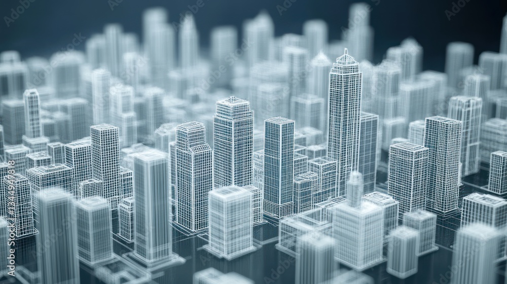 Fototapeta Wireframe city, urban architecture, digital design, 3D model, illustration, for background, infographic, or website