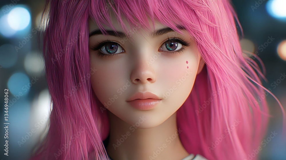 Fototapeta premium Pretty Girl with Pink Hairstyle and Looks At Camera