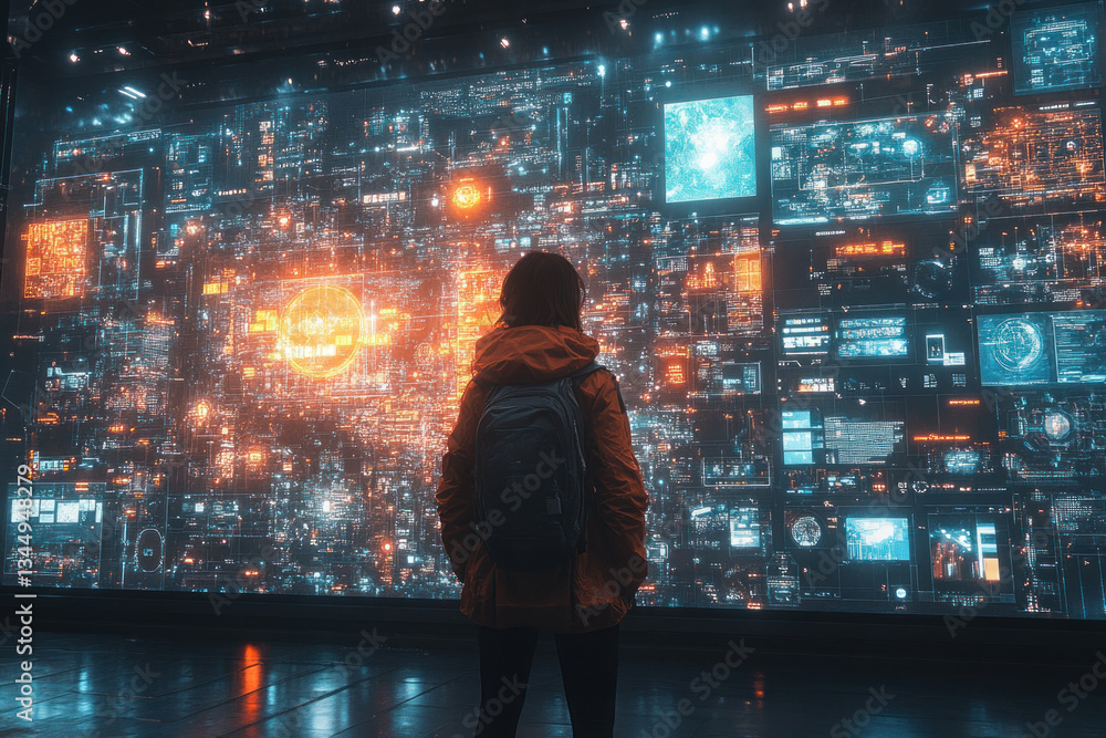 a figure of a man in an orange jacket and backpack standing in front of a giant digital wall filled with a lot of data, graphs, maps and technological elements.