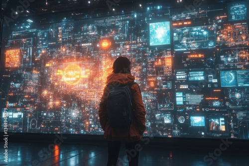 Obraz na płótnie a figure of a man in an orange jacket and backpack standing in front of a giant digital wall filled with a lot of data, graphs, maps and technological elements. w salonie