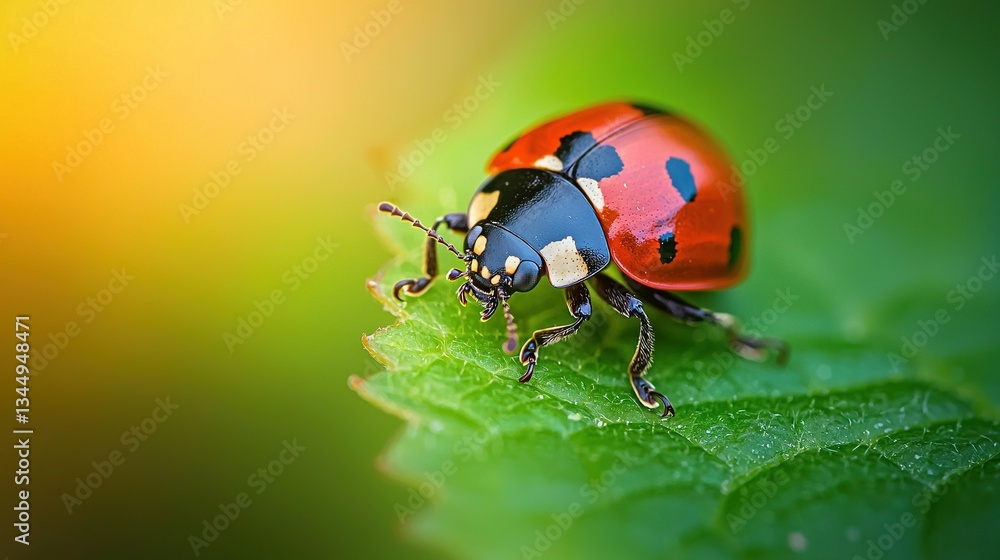 A sharp close-up photo of a ladybug resting atop a green leaf against a clear background A sharp close-up photo of a ladybug resting atop a green leaf against a clear background