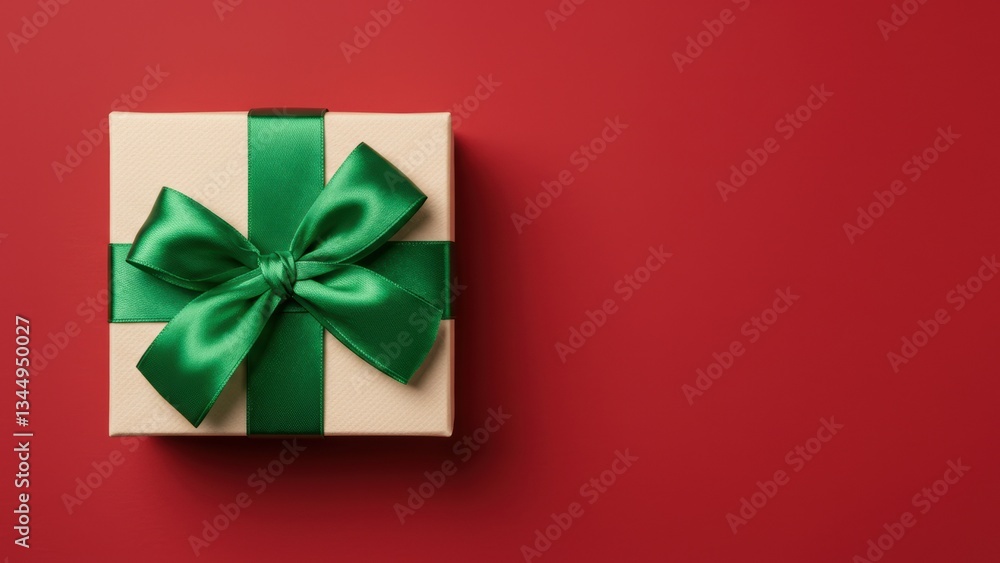 Gift wrapped box with green ribbon on red background Holiday decoration for Christmas celebrations and gift giving traditions Gift wrapped box with green ribbon on red background Holiday decoration for Christmas celebrations and gift giving traditions