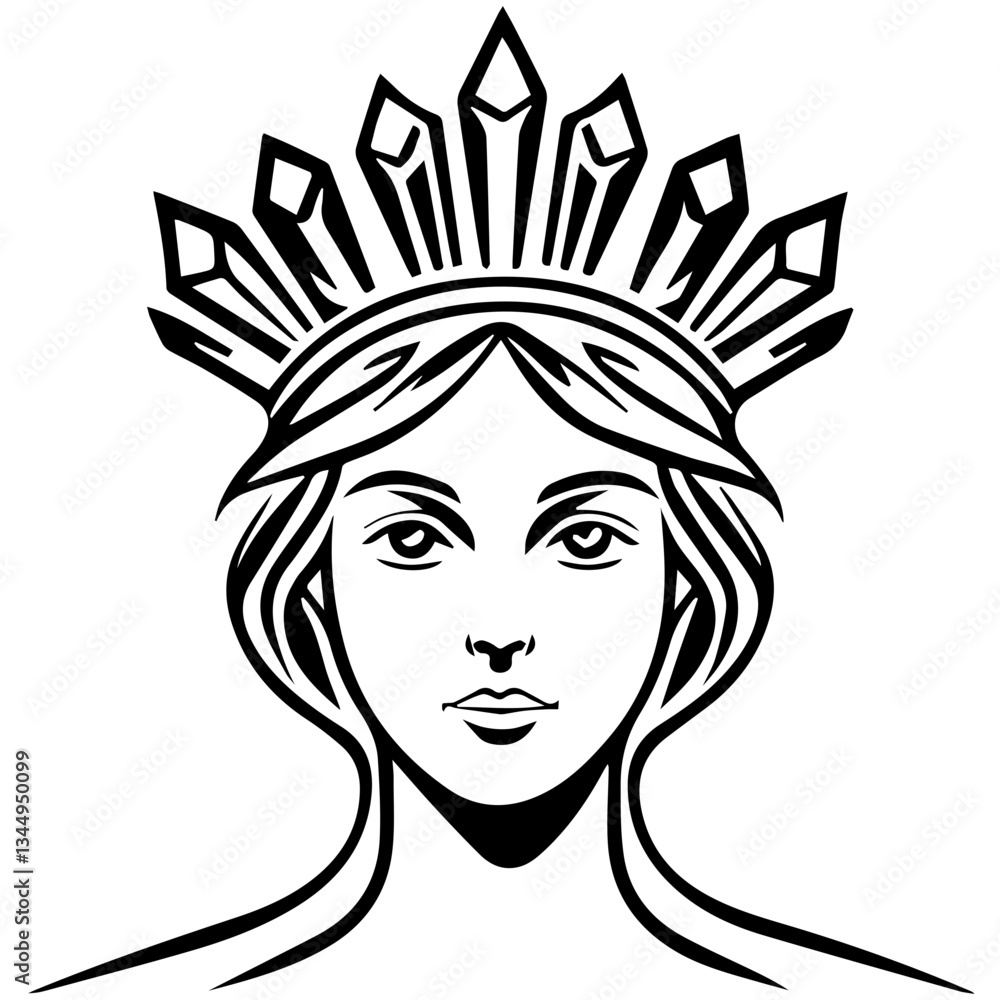 Line Art Portrait of a Woman with Ornate Crown Line Art Portrait of a Woman with Ornate Crown