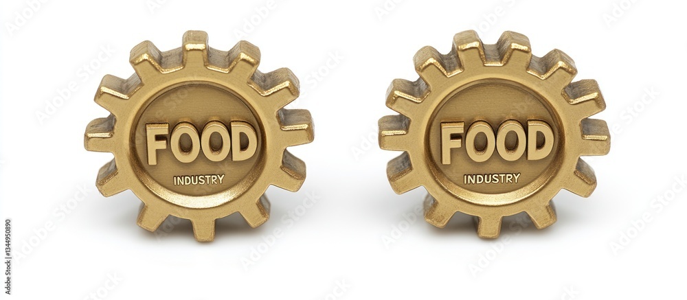 Two golden cogwheels with the word food and industry printed on them Two golden cogwheels with the word food and industry printed on them