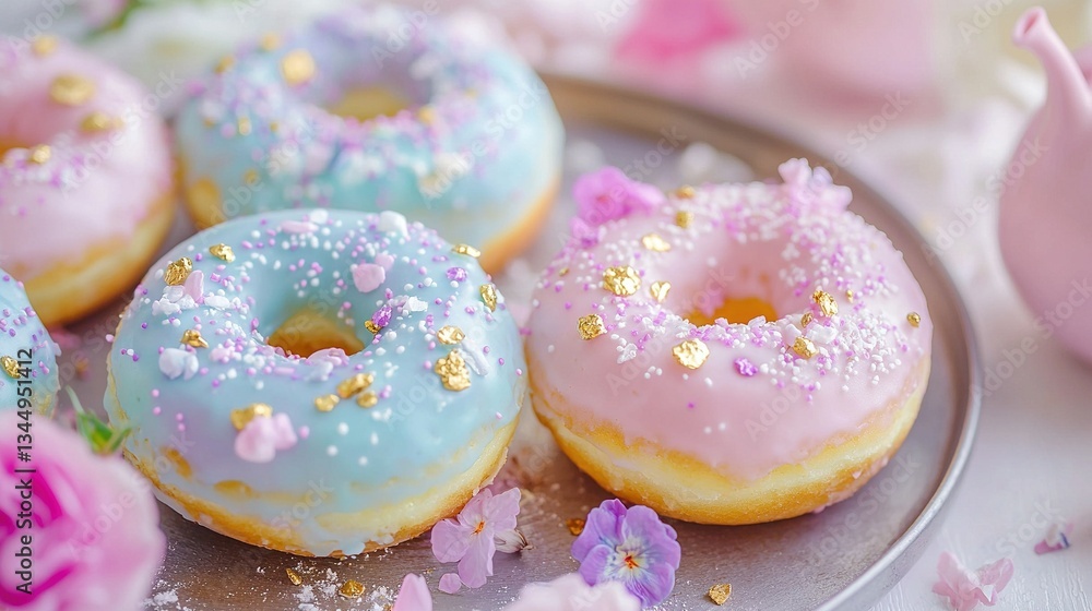 A close-up of colorful doughnuts with frosting and sprinkles A close-up of colorful doughnuts with frosting and sprinkles