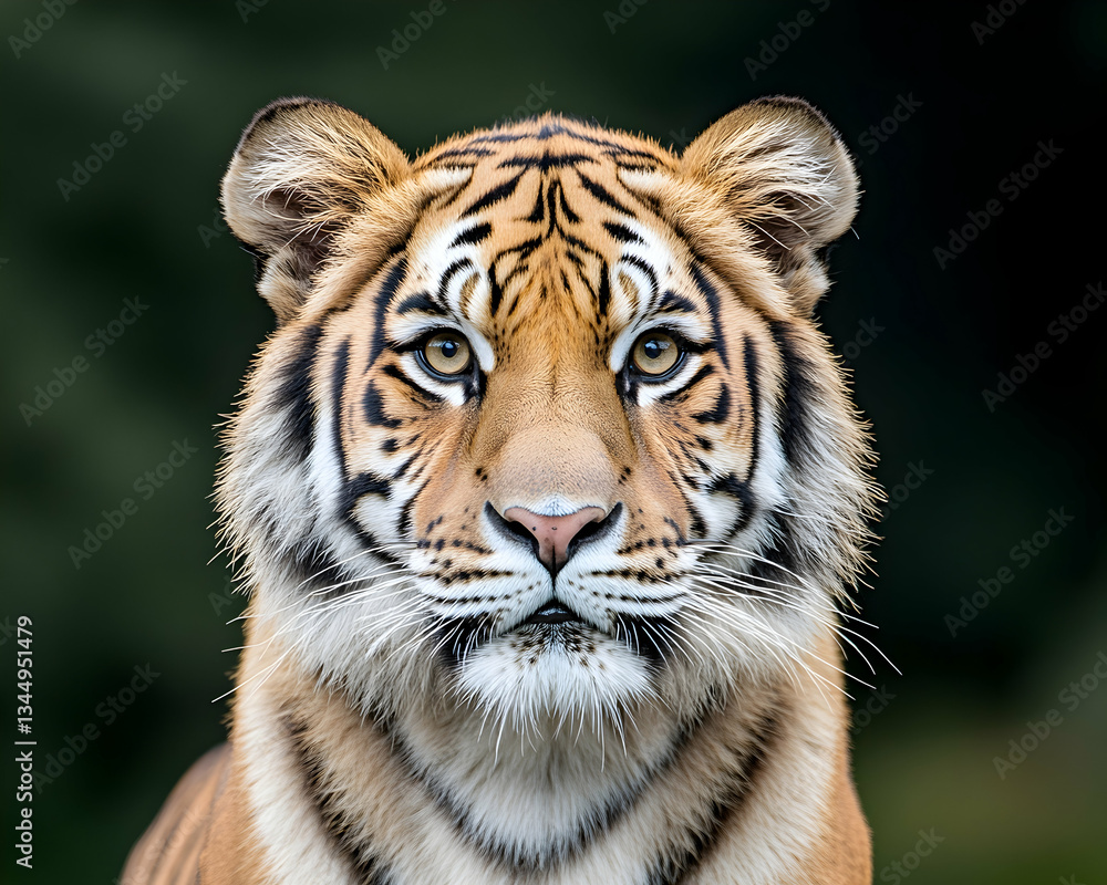 Naklejka premium Majestic tiger portrait, intense gaze, orange and black stripes, close-up view