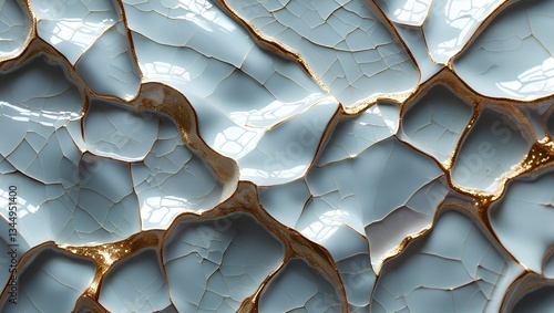 Fractured Light blue surface with intricate gold outlines, cell-like pattern