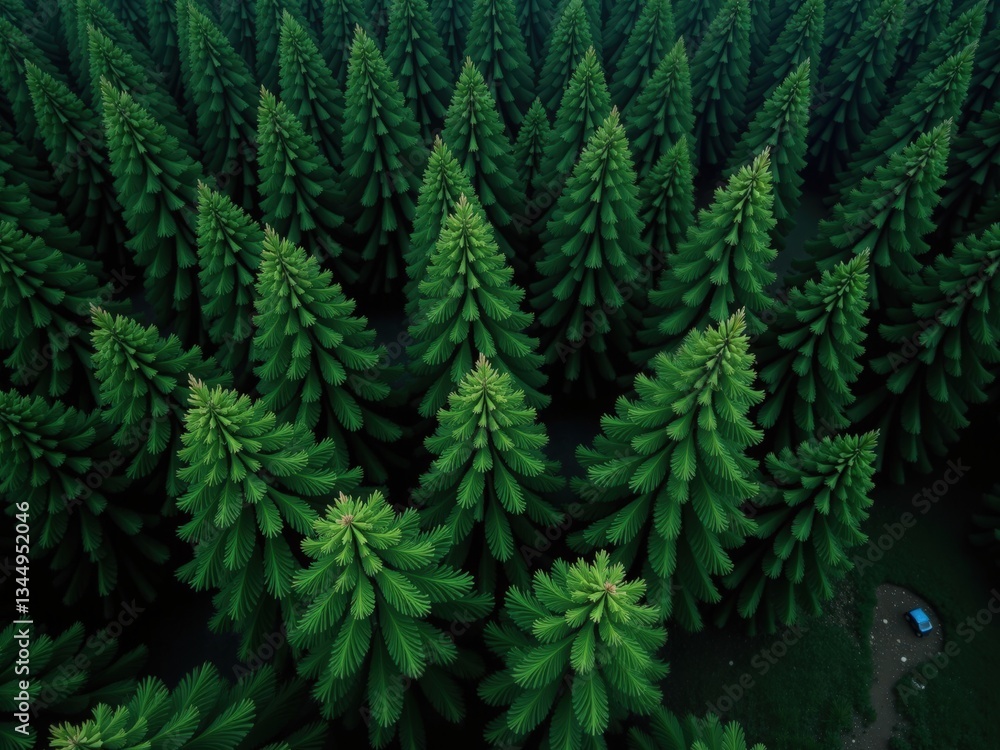 Aerial view of a dense coniferous forest with a small car parked on a path. Lush green trees create a tranquil and scenic background. Aerial view of a dense coniferous forest with a small car parked on a path. Lush green trees create a tranquil and scenic background.