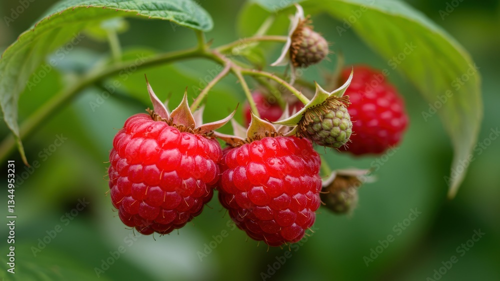 Close up of ripe red raspberries hanging from green leaves in a garden Focus on freshness and sustainability, highlighting natural farming practices Close up of ripe red raspberries hanging from green leaves in a garden Focus on freshness and sustainability, highlighting natural farming practices